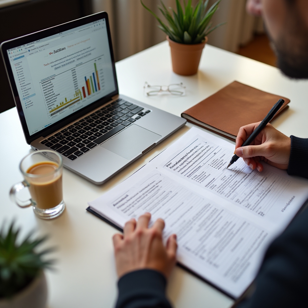 Professionista che valuta documenti e proiezioni finanziarie prima di avviare una startup